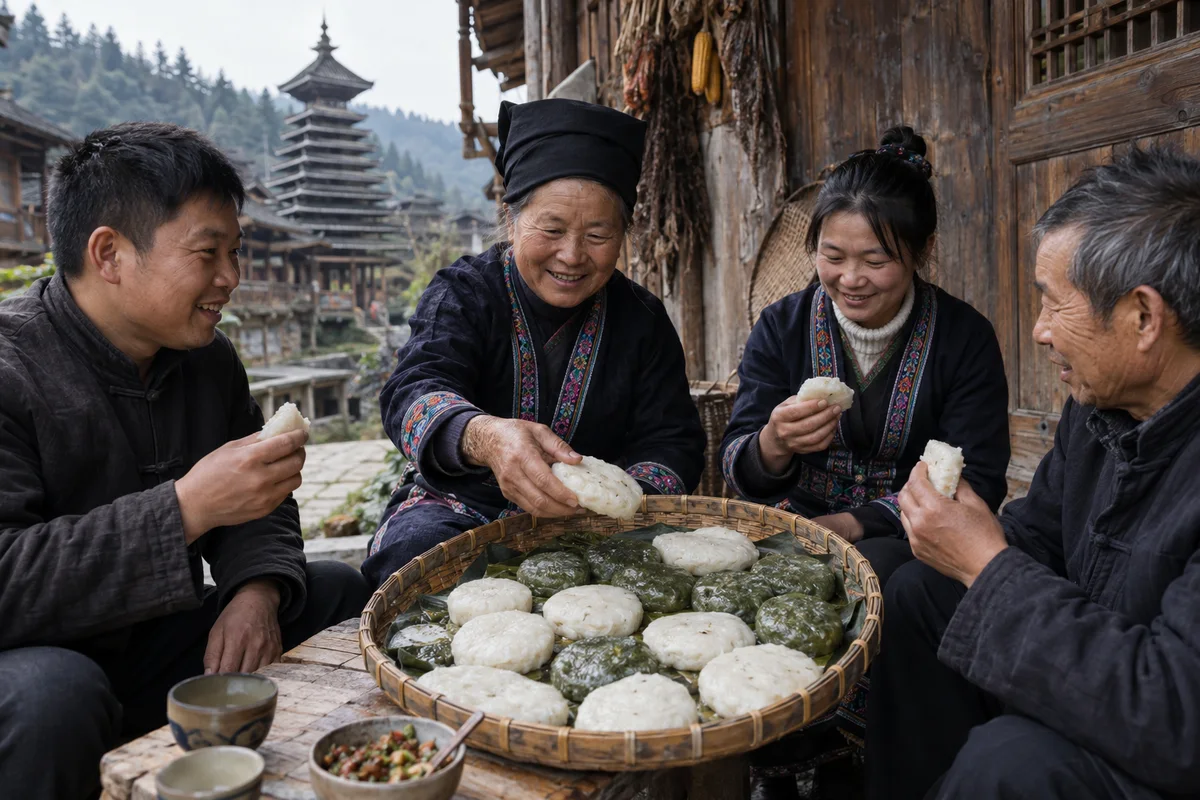A family sharing rice cakes near a Dong drum tower