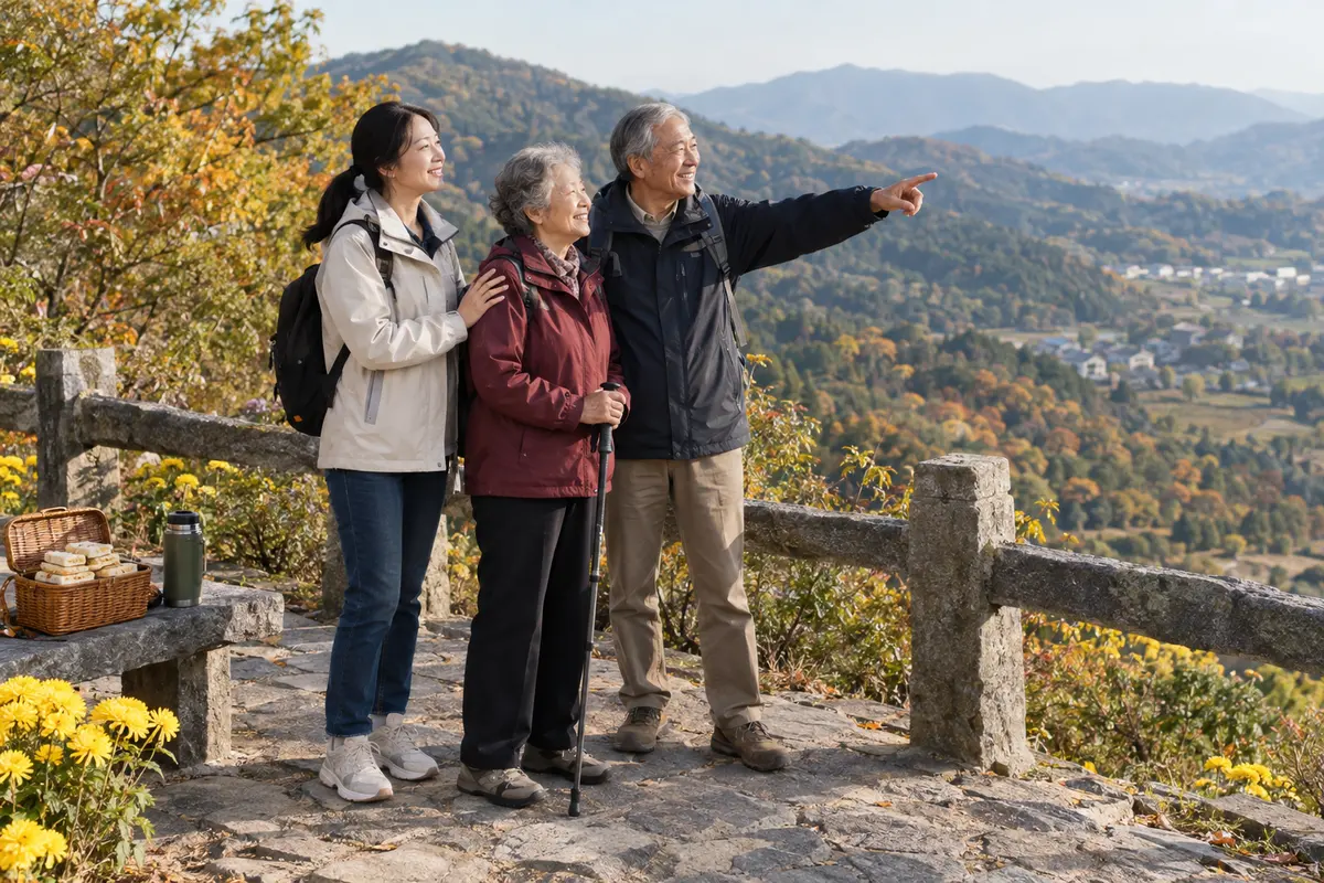 An older couple and their daughter enjoying an autumn hill walk