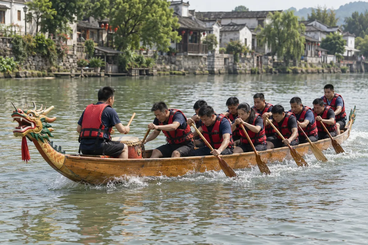A dragon boat crew paddling in rhythm on a river
