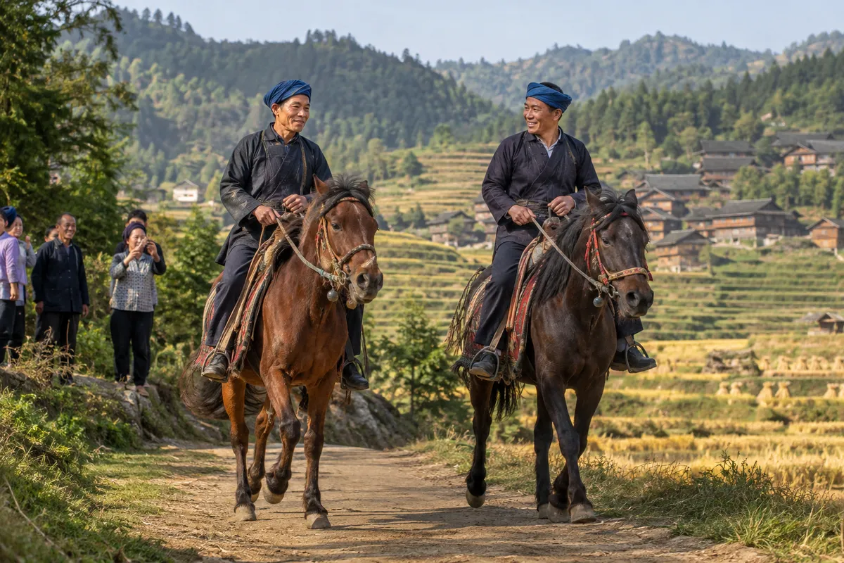 Two riders on an earthen track beside harvested terraces