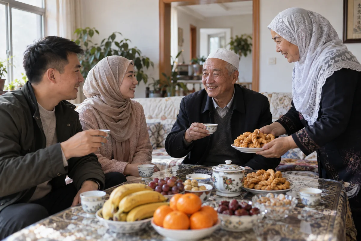 Relatives gathering over tea and festive food in a home