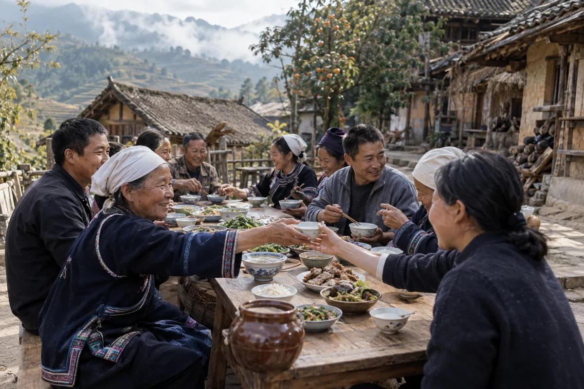 Neighbors passing bowls at a long village table