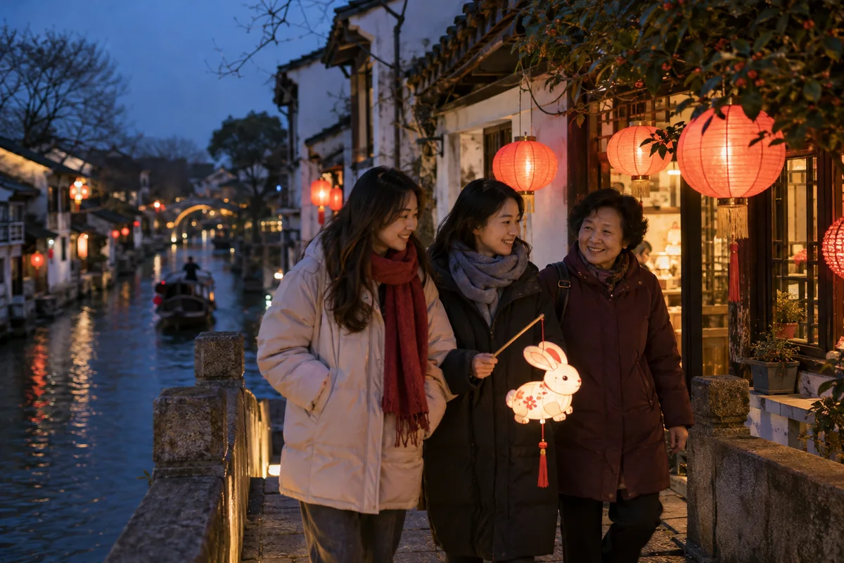People viewing lanterns beside a Jiangnan canal at dusk
