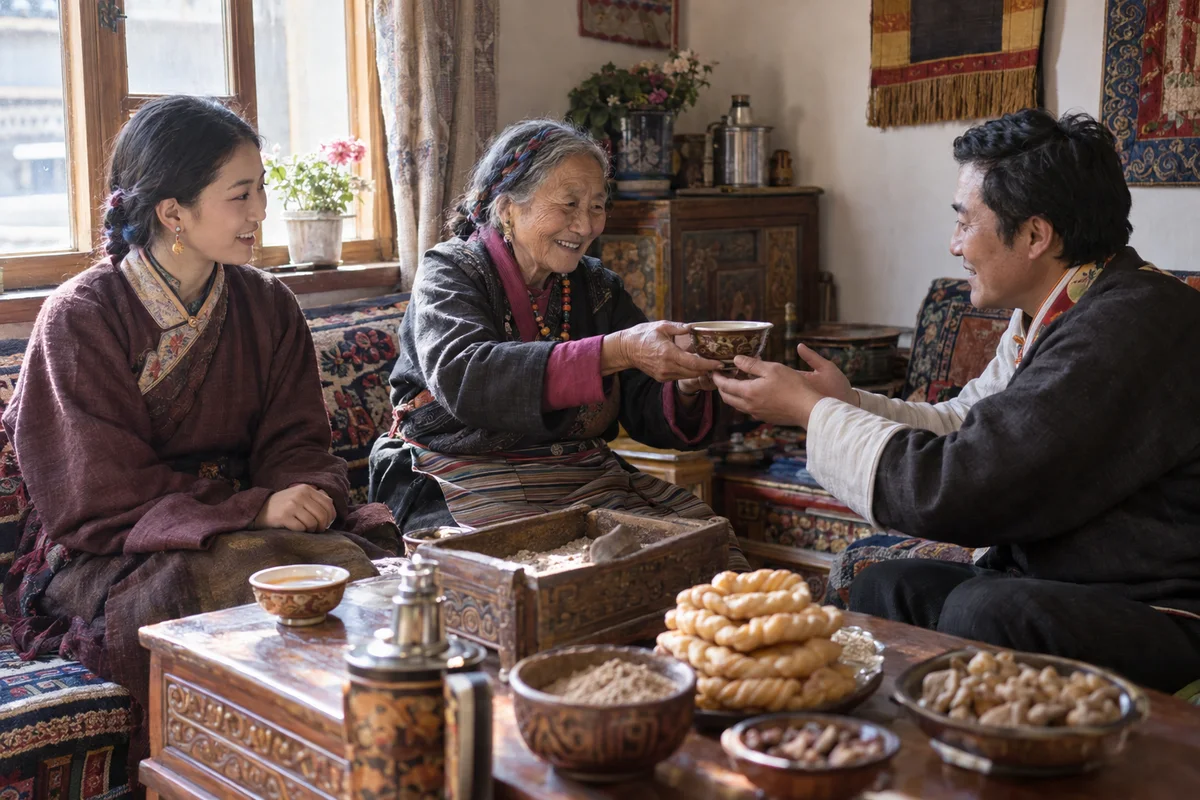 Family members sharing tea beside chemar and khapse