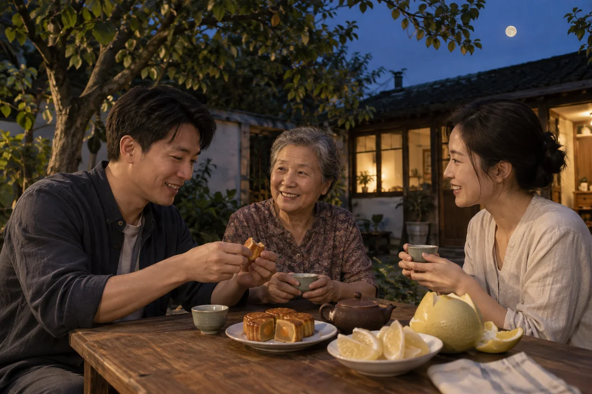 A family sharing mooncakes and tea in a courtyard
