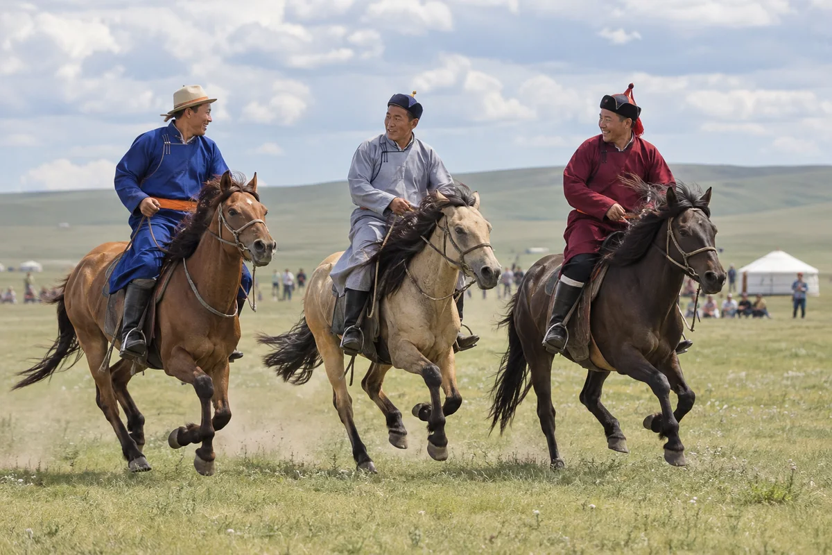 Three riders crossing the grassland on horseback