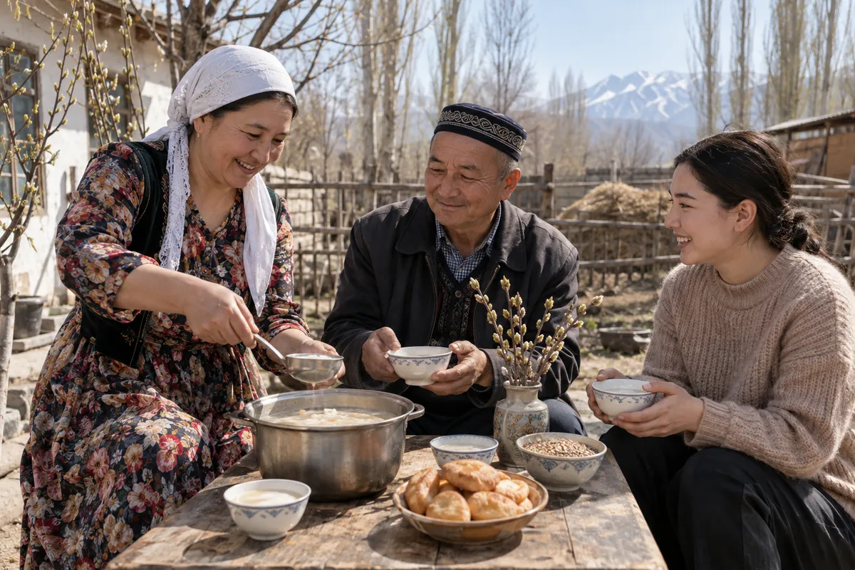 Family members sharing a milky grain soup in a spring courtyard