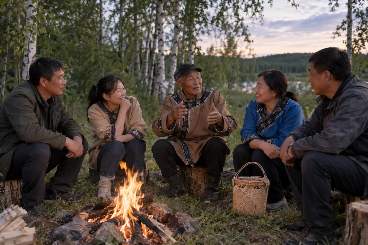 Neighbors listening to an elder beside a birch-forest bonfire