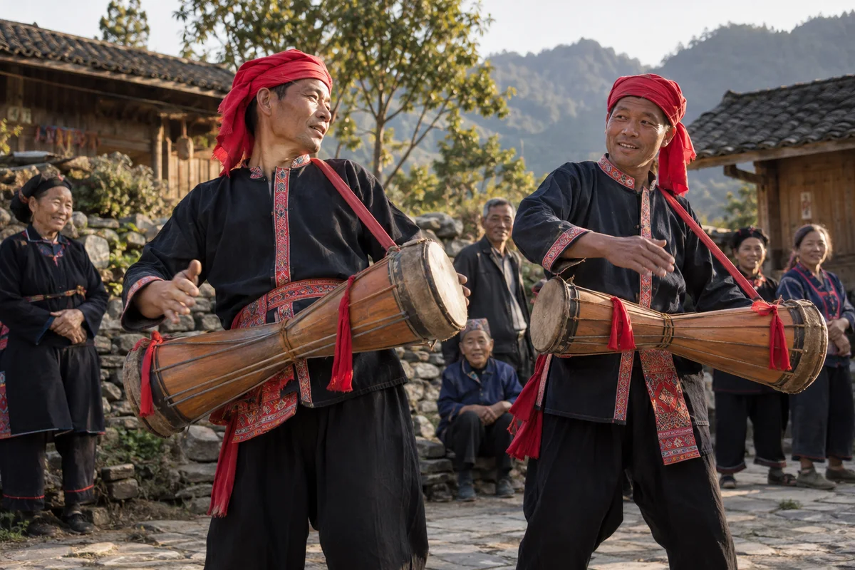 Two performers playing slender wooden long drums