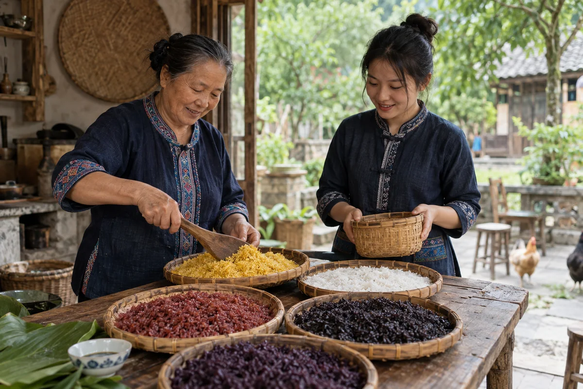 Two women preparing five-color glutinous rice