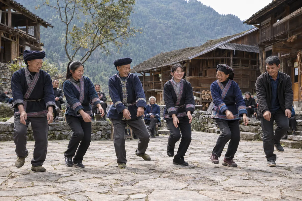Villagers taking hand-swing dance steps in a square