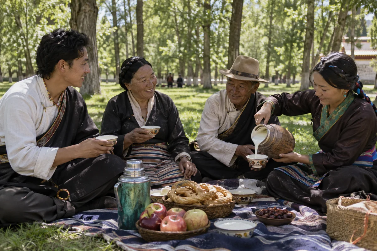 A family sharing yogurt on a picnic under trees