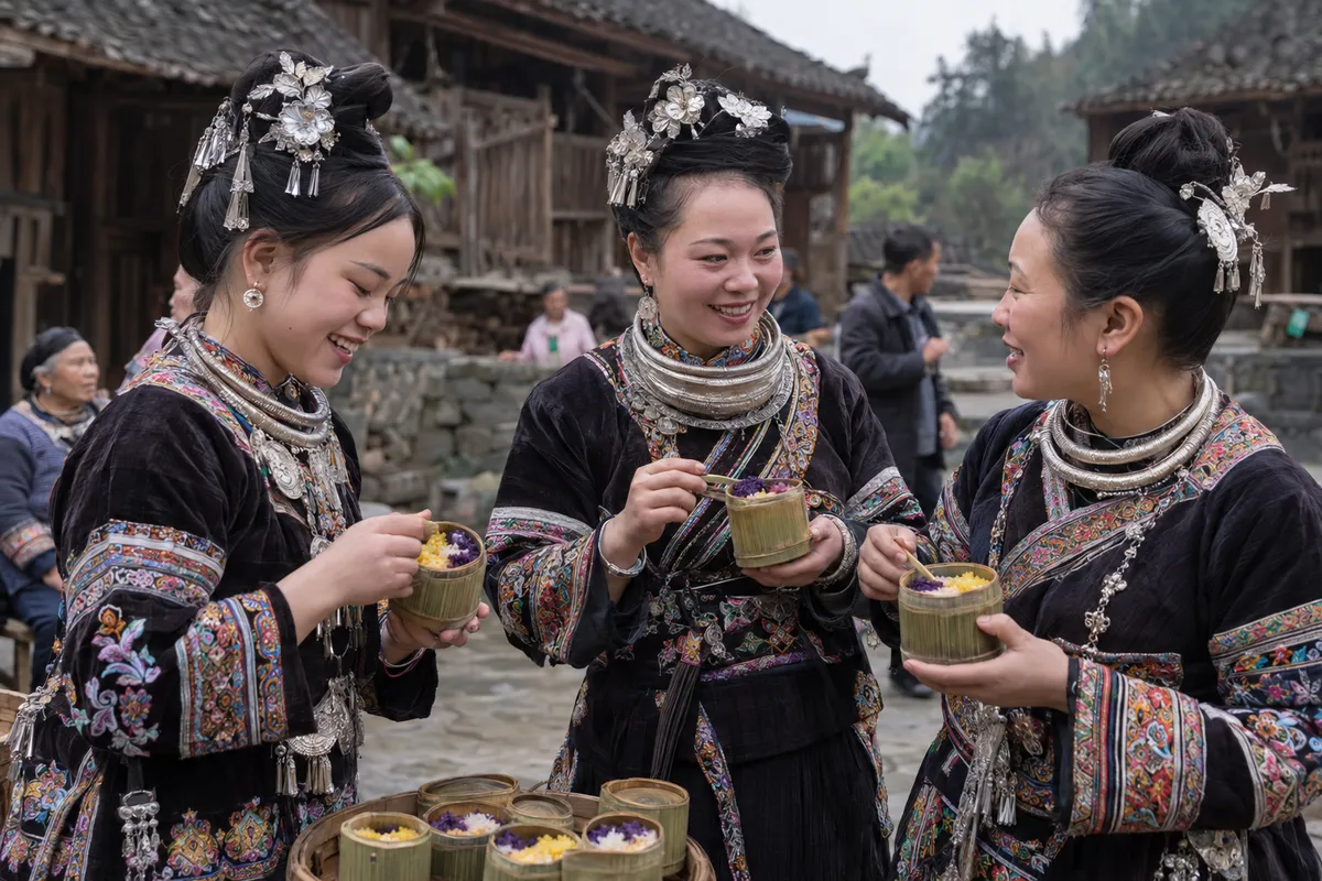 Women in embroidered clothing sharing colored rice