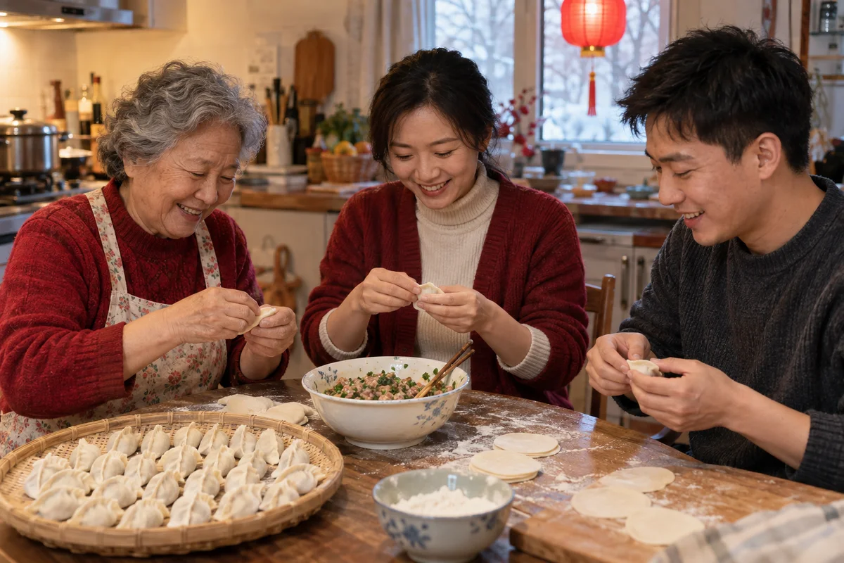 Three family members folding dumplings in a kitchen