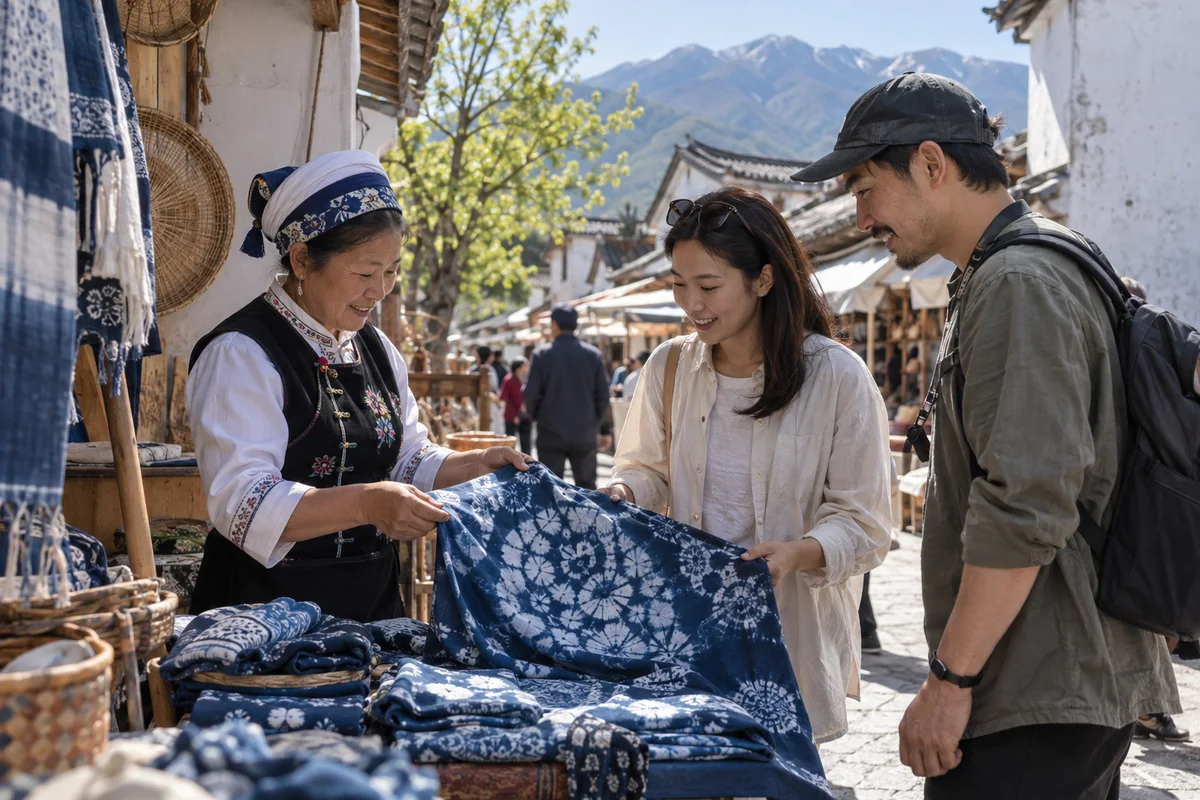 A craftswoman showing tie-dyed cloth to market visitors