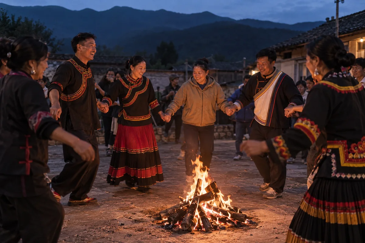 Villagers dancing around a small bonfire