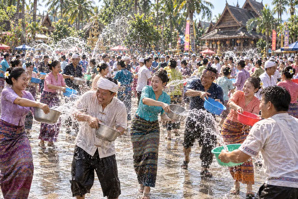 A lively crowd in Dai festive clothing splashing water in a square
