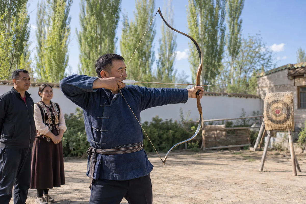 An archer drawing a bow toward a target with spectators behind