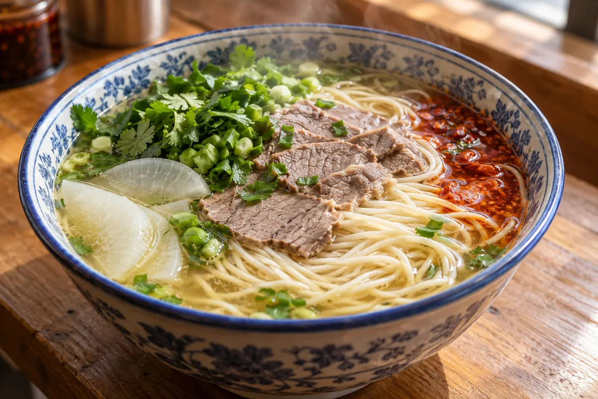 配萝卜、香菜与辣椒油的兰州牛肉面