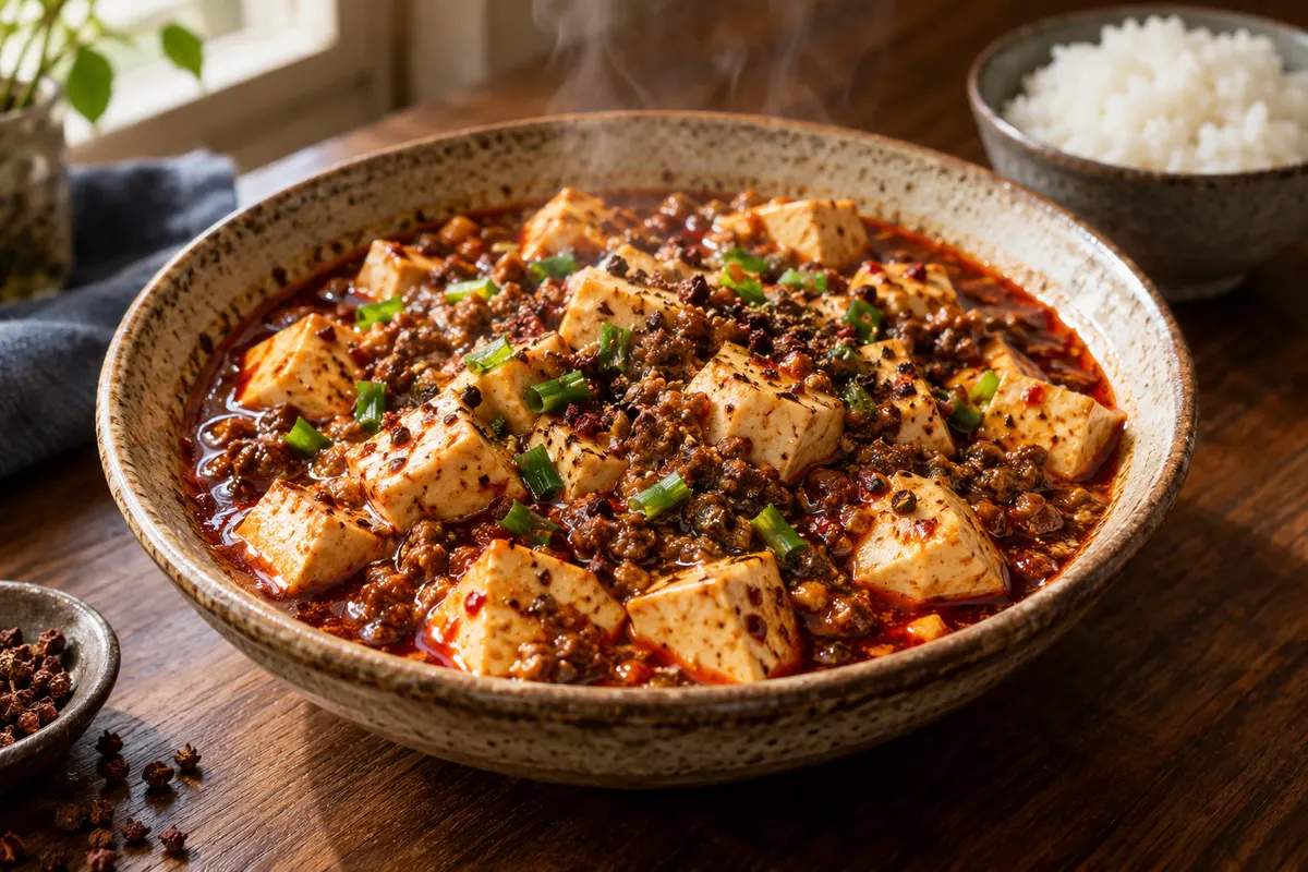 以豆瓣、花椒与牛肉末调味的麻婆豆腐