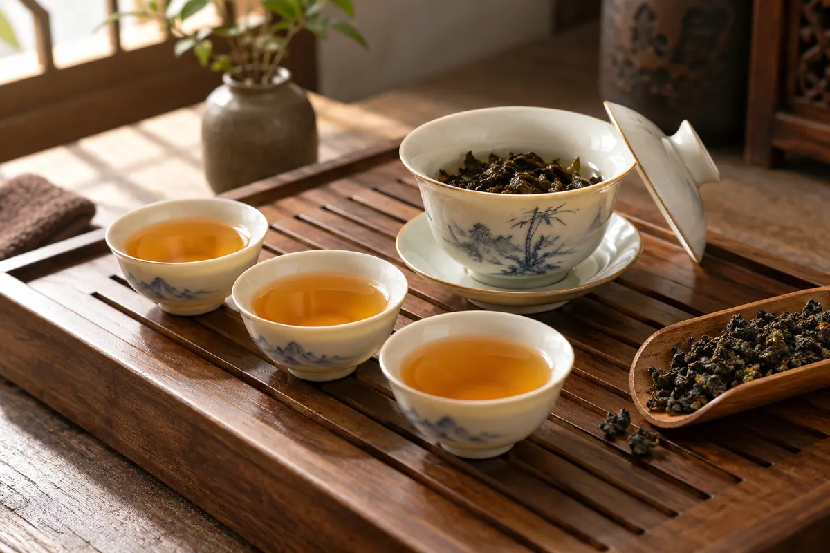盖碗与小杯中的乌龙茶汤