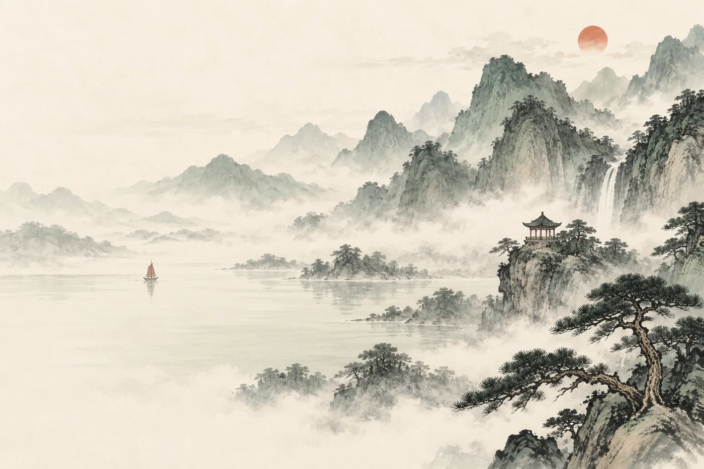 A quiet Chinese ink landscape with misty mountains, a pine tree, a pavilion and a small red sail