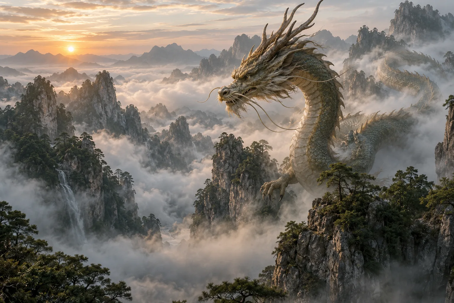 AI-created scene of a Chinese dragon among misty mountain peaks at sunrise