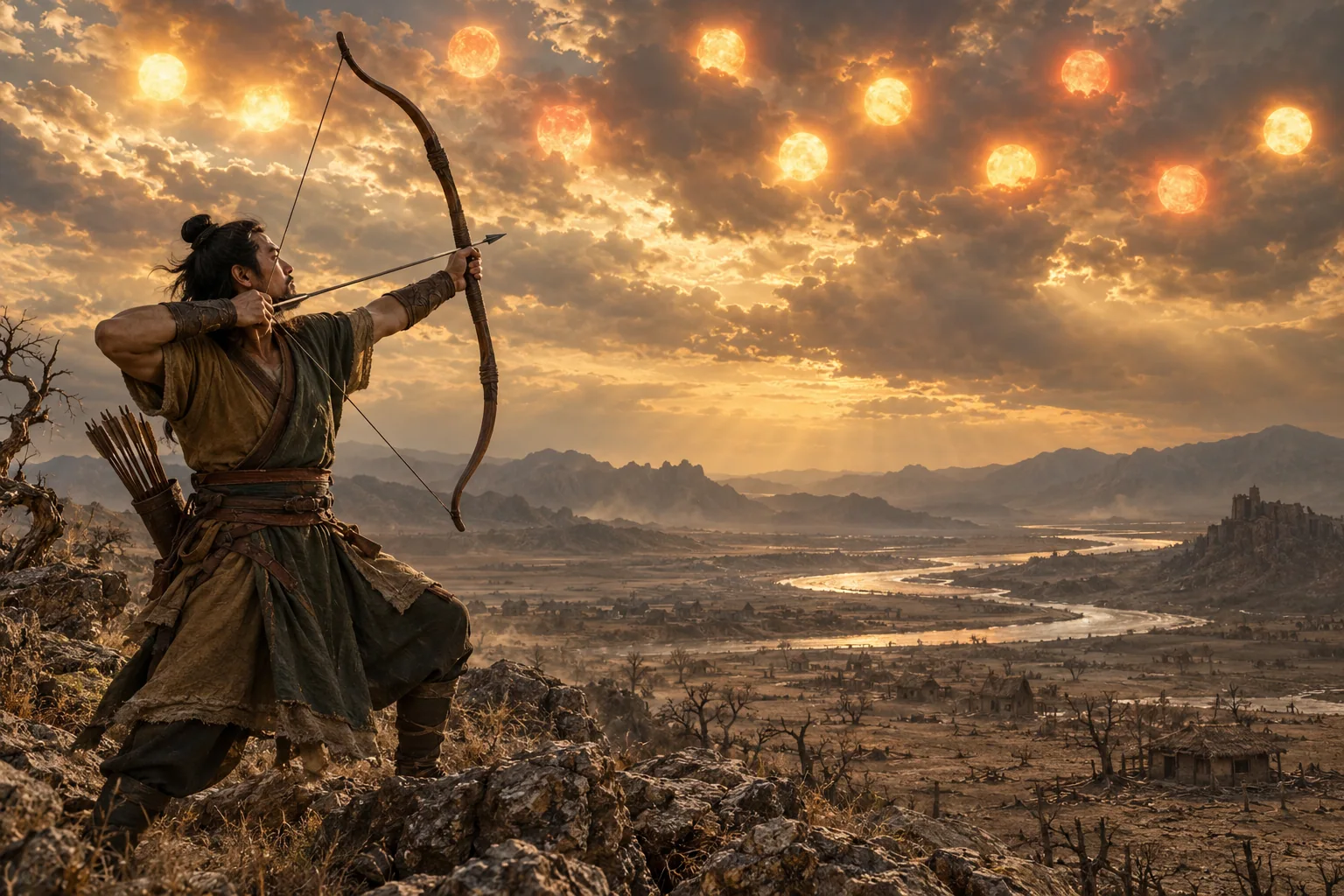 AI-created scene of Hou Yi drawing a bow beneath ten suns above a drought-stricken landscape