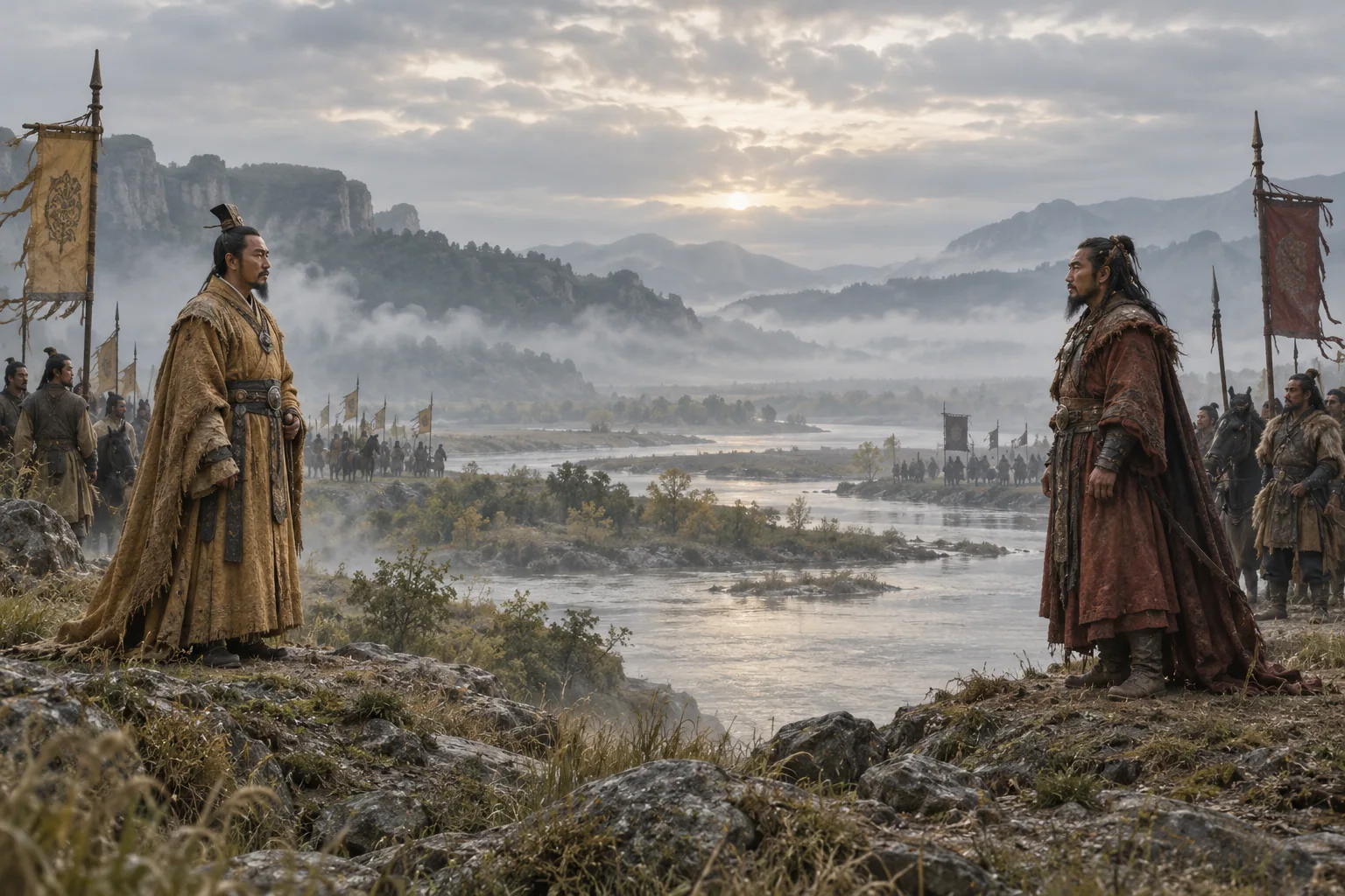 AI-created imagined encounter of Huangdi and Chiyou, facing one another across a misty river valley