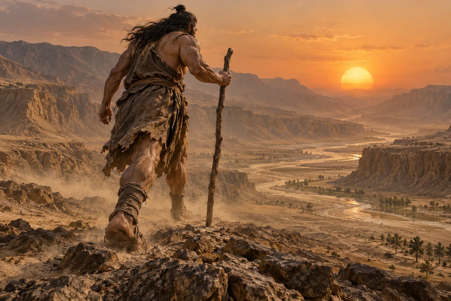AI-created scene of the giant Kuafu carrying a wooden staff toward the setting sun across a vast dry valley