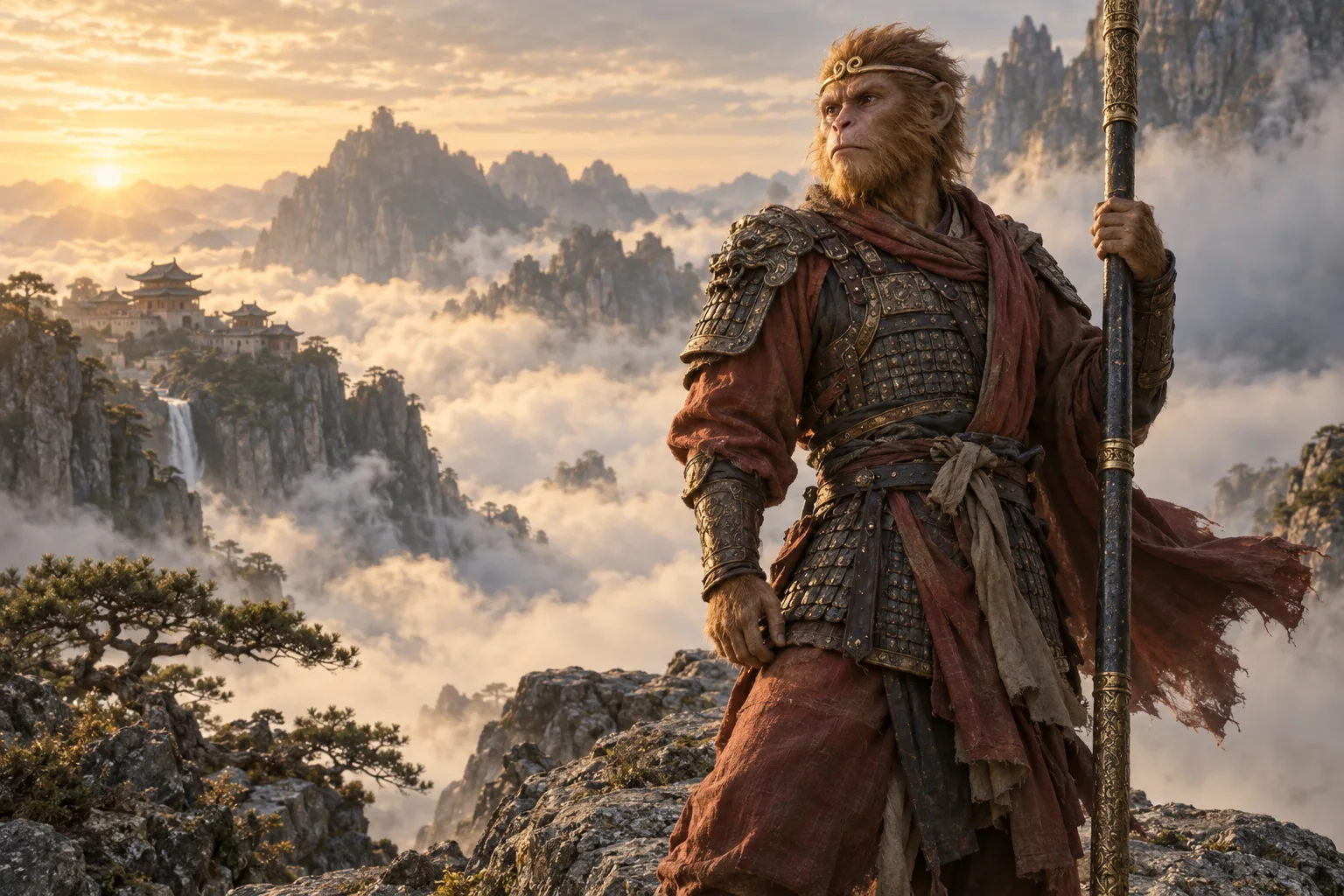 AI-created scene of Sun Wukong holding his staff on a mountain ridge above the clouds