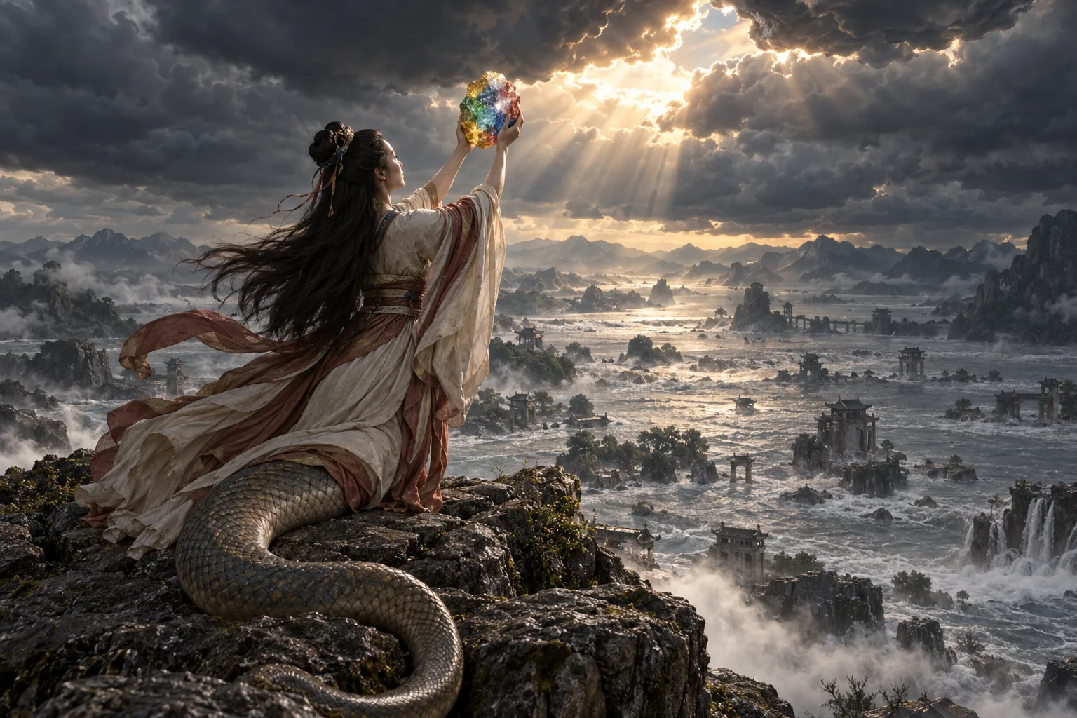 AI-created scene of Nüwa lifting a five-colored stone toward a broken sky above a flooded valley