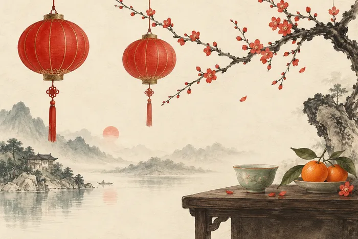 Red lanterns, plum blossoms, tea and mandarins in a Chinese watercolor illustration