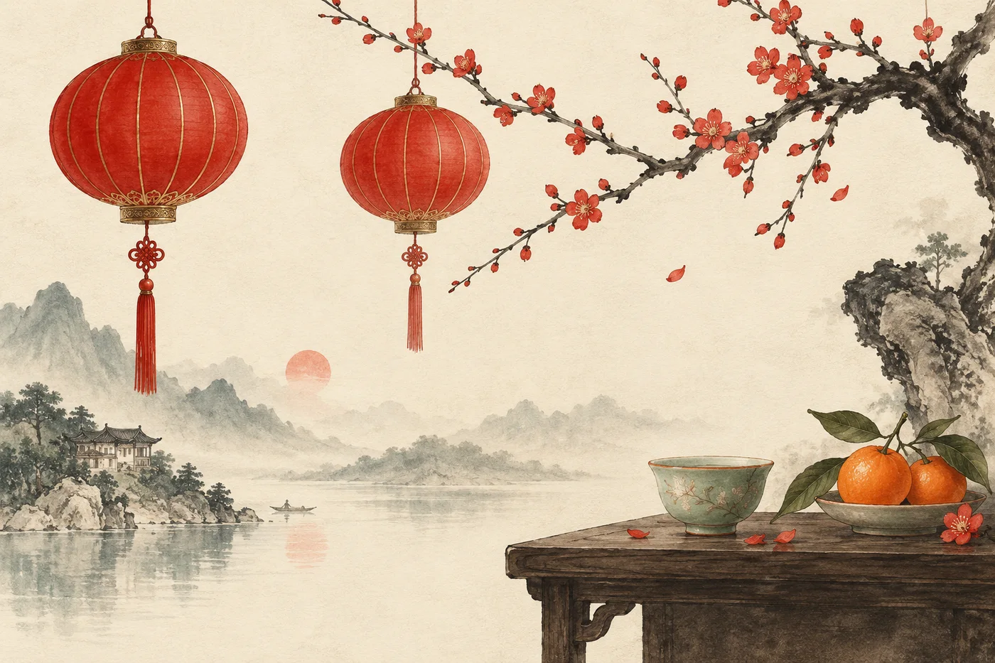 Vermilion lanterns and plum blossoms above a cup of tea and mandarin oranges