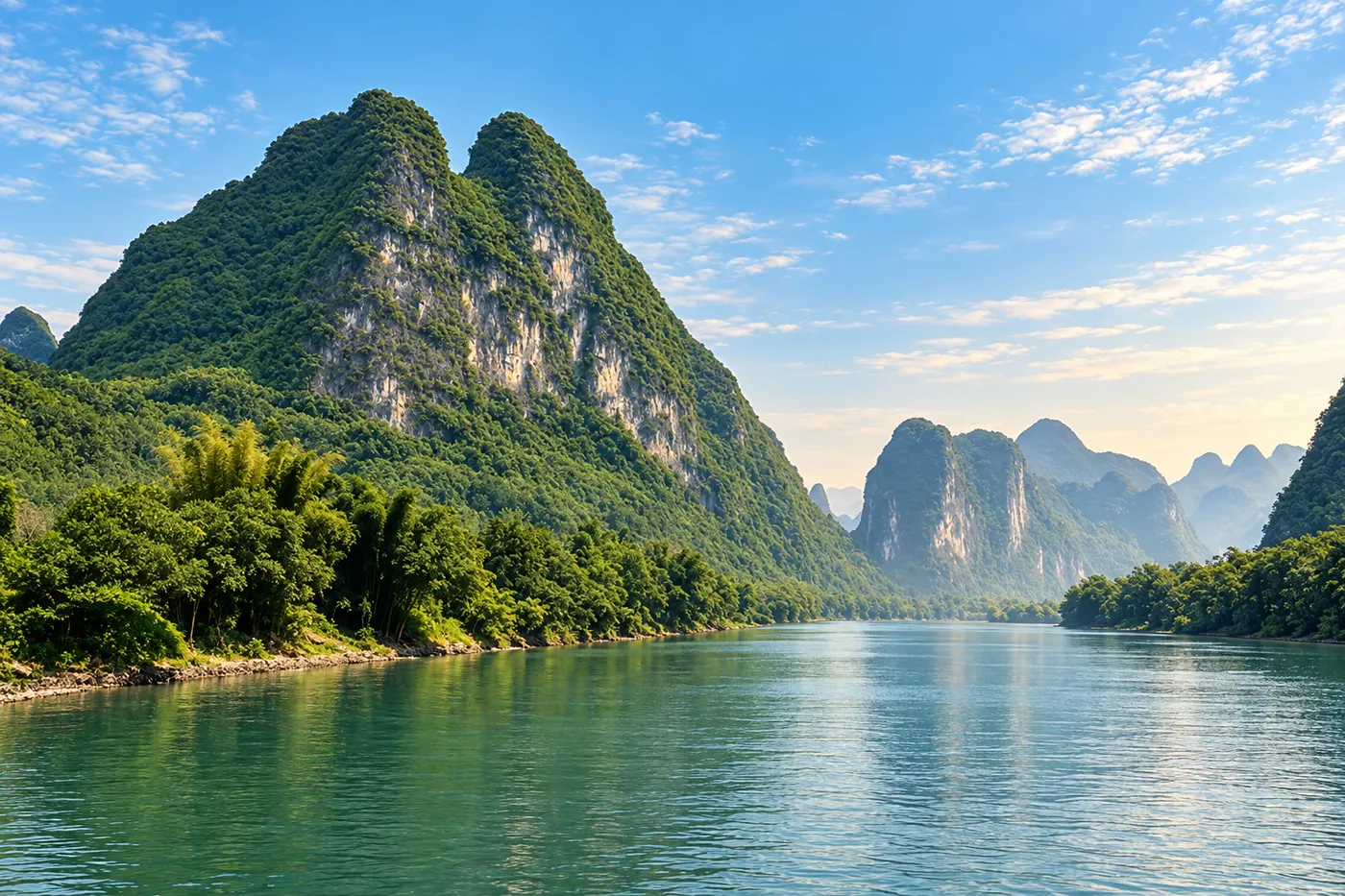 AI-generated view of the Li River and Guilin's karst peaks in soft morning light